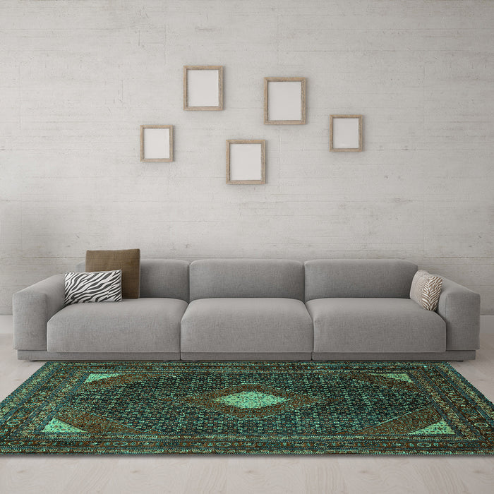 Machine Washable Persian Turquoise Traditional Area Rugs in a Living Room,, wshtr2173turq