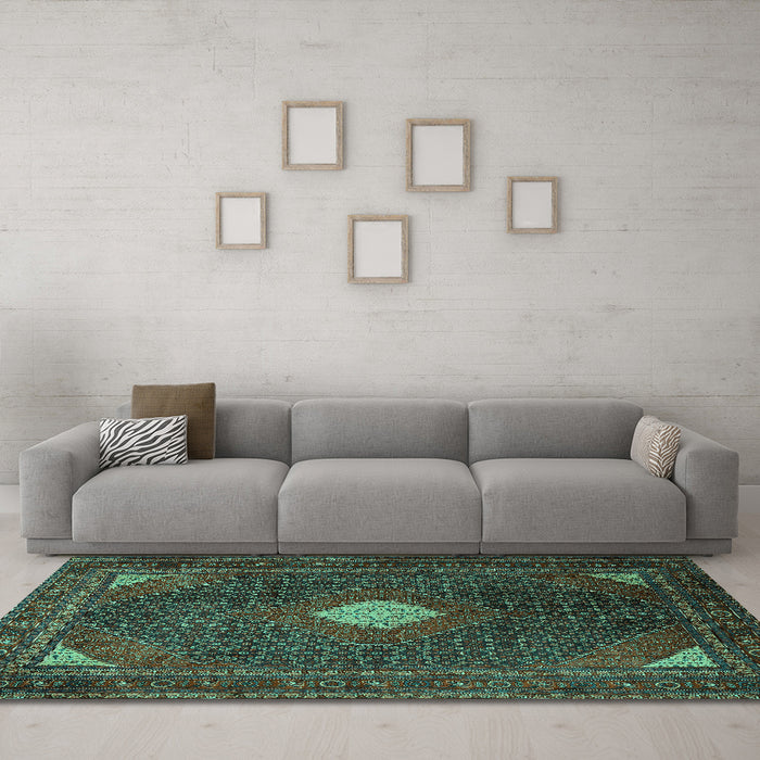 Machine Washable Persian Turquoise Traditional Area Rugs in a Living Room,, wshtr2174turq