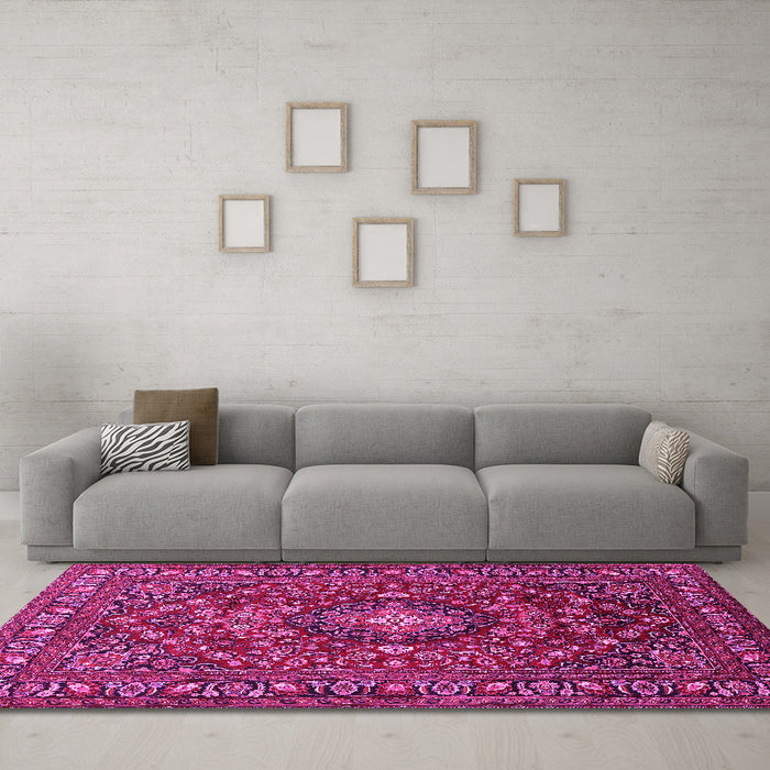 Machine Washable Persian Pink Traditional Rug in a Living Room, wshtr2175pnk