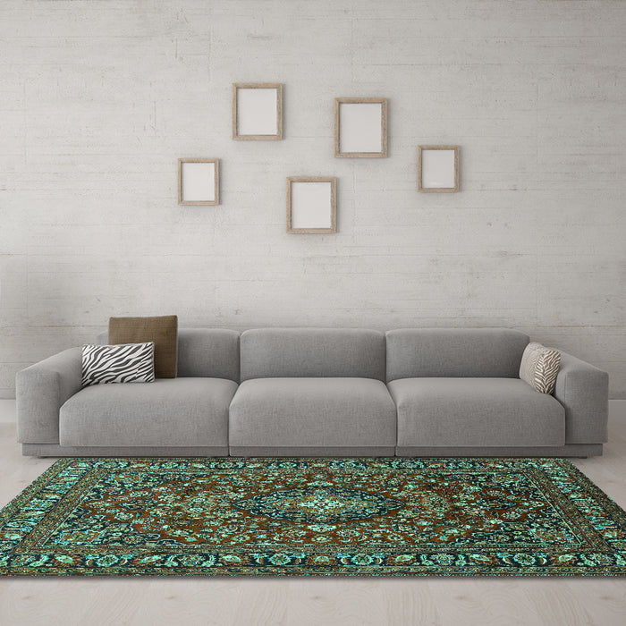 Machine Washable Persian Turquoise Traditional Area Rugs in a Living Room,, wshtr2175turq