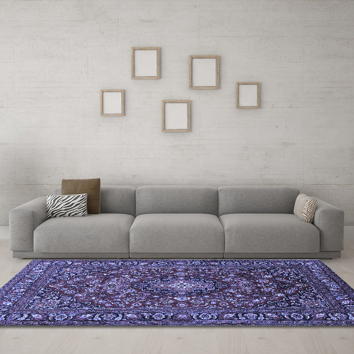 Machine Washable Persian Blue Traditional Rug in a Living Room, wshtr2175blu