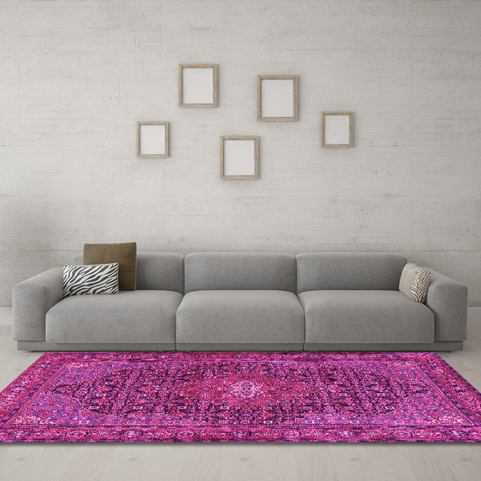 Machine Washable Persian Pink Traditional Rug in a Living Room, wshtr2176pnk