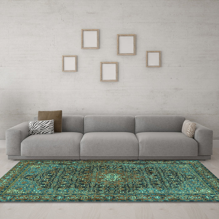 Machine Washable Persian Turquoise Traditional Area Rugs in a Living Room,, wshtr2176turq