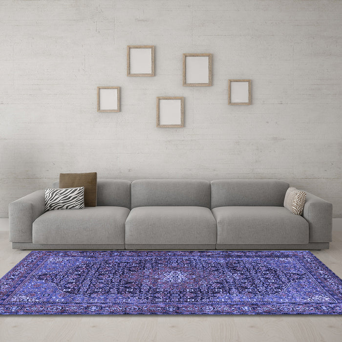 Machine Washable Persian Blue Traditional Rug in a Living Room, wshtr2176blu