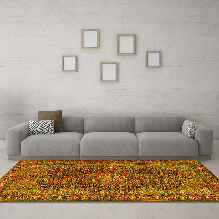 Machine Washable Persian Yellow Traditional Rug in a Living Room, wshtr2176yw