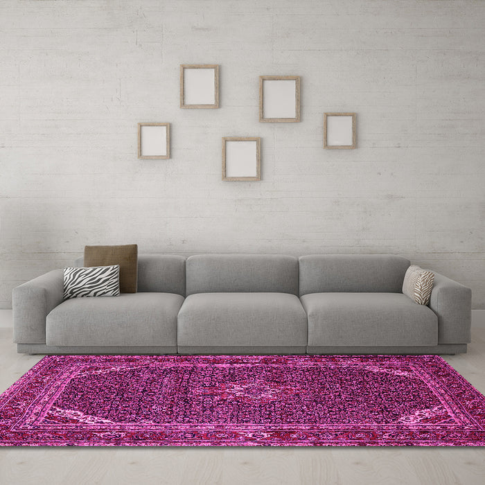 Machine Washable Persian Pink Traditional Rug in a Living Room, wshtr2177pnk