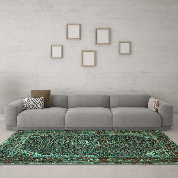 Machine Washable Persian Turquoise Traditional Area Rugs in a Living Room,, wshtr2177turq