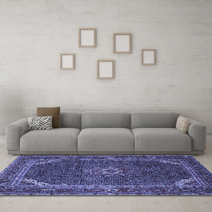 Machine Washable Persian Blue Traditional Rug in a Living Room, wshtr2177blu