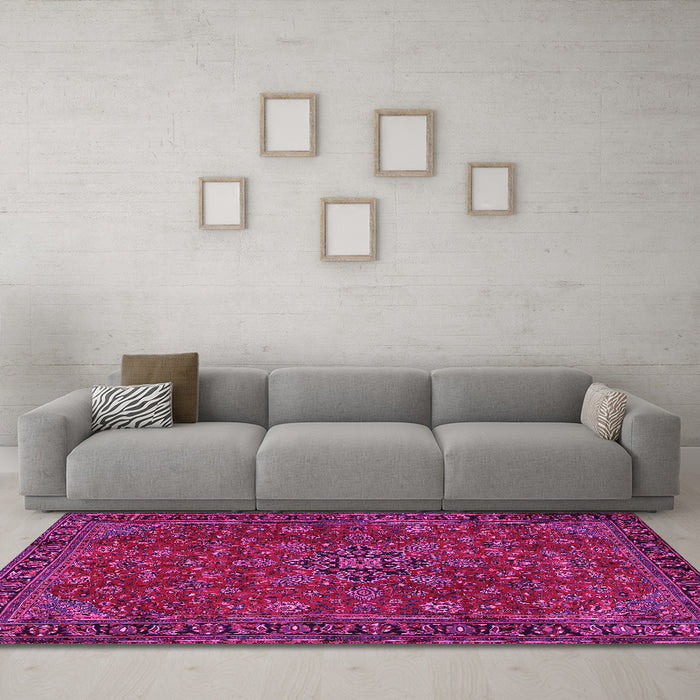 Machine Washable Persian Pink Traditional Rug in a Living Room, wshtr2178pnk