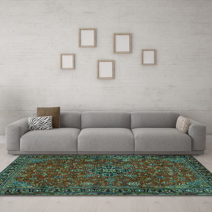 Machine Washable Persian Turquoise Traditional Area Rugs in a Living Room,, wshtr2178turq