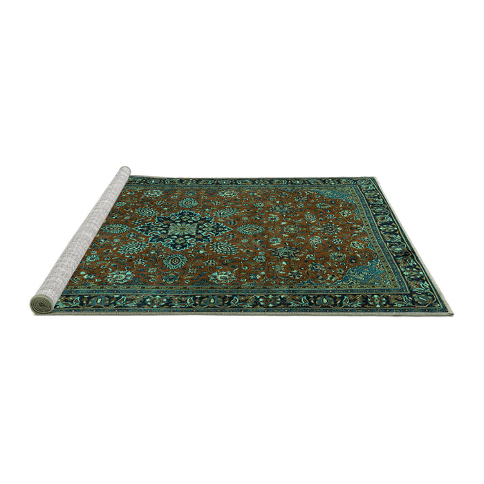 Sideview of Machine Washable Persian Turquoise Traditional Area Rugs, wshtr2178turq