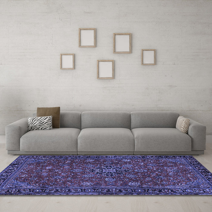 Machine Washable Persian Blue Traditional Rug in a Living Room, wshtr2178blu