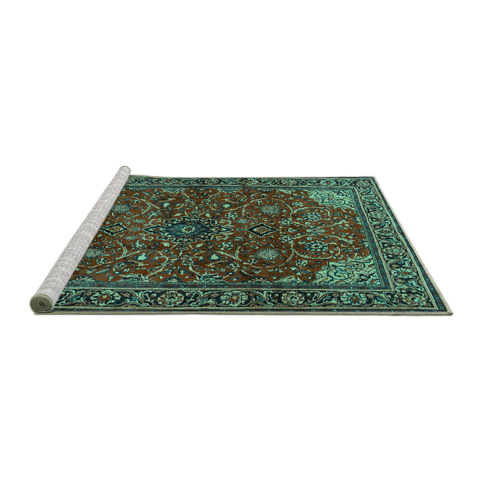 Sideview of Machine Washable Persian Turquoise Traditional Area Rugs, wshtr2179turq