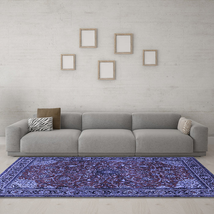 Machine Washable Persian Blue Traditional Rug in a Living Room, wshtr2179blu