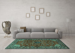 Machine Washable Persian Turquoise Traditional Area Rugs in a Living Room,, wshtr2179turq