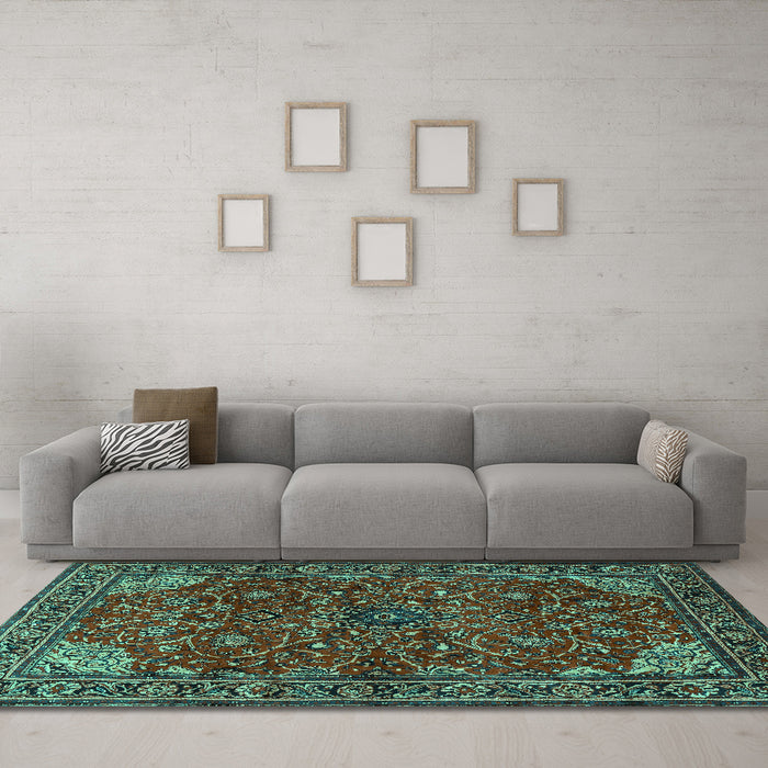 Machine Washable Persian Turquoise Traditional Area Rugs in a Living Room,, wshtr2179turq