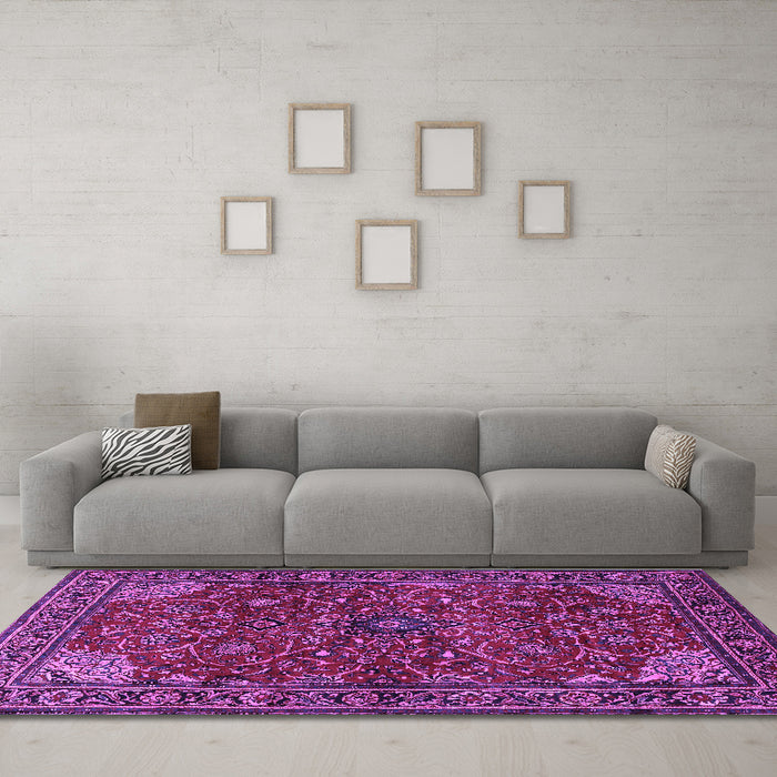 Machine Washable Persian Purple Traditional Area Rugs in a Living Room, wshtr2179pur