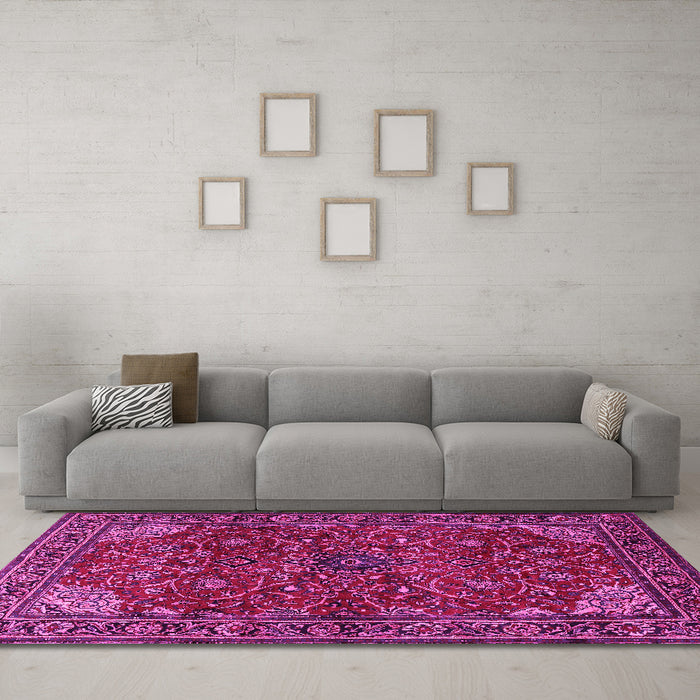 Machine Washable Persian Pink Traditional Rug in a Living Room, wshtr2179pnk