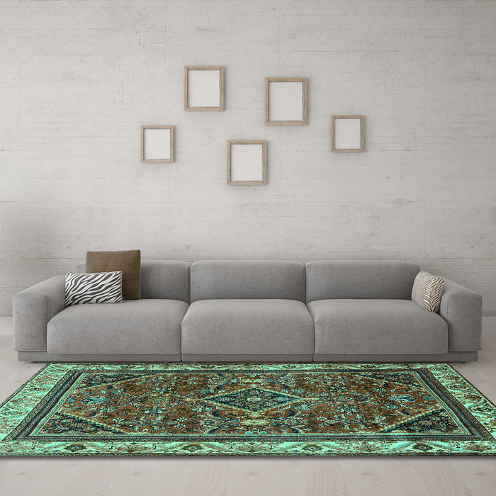 Machine Washable Persian Turquoise Traditional Area Rugs in a Living Room,, wshtr2180turq