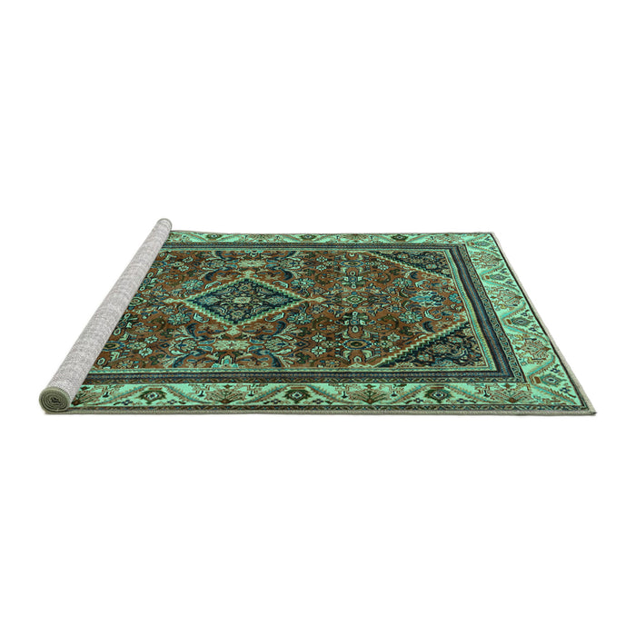 Sideview of Machine Washable Persian Turquoise Traditional Area Rugs, wshtr2180turq