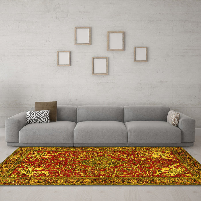 Machine Washable Persian Yellow Traditional Rug in a Living Room, wshtr2181yw