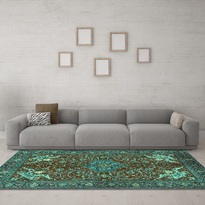 Machine Washable Persian Turquoise Traditional Area Rugs in a Living Room,, wshtr2181turq