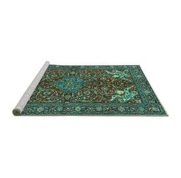 Sideview of Machine Washable Persian Turquoise Traditional Area Rugs, wshtr2181turq