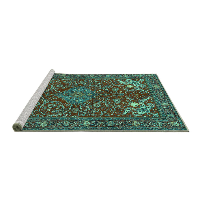 Sideview of Machine Washable Persian Turquoise Traditional Area Rugs, wshtr2181turq