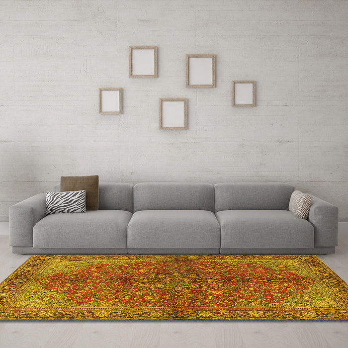 Machine Washable Persian Yellow Traditional Rug in a Living Room, wshtr2182yw