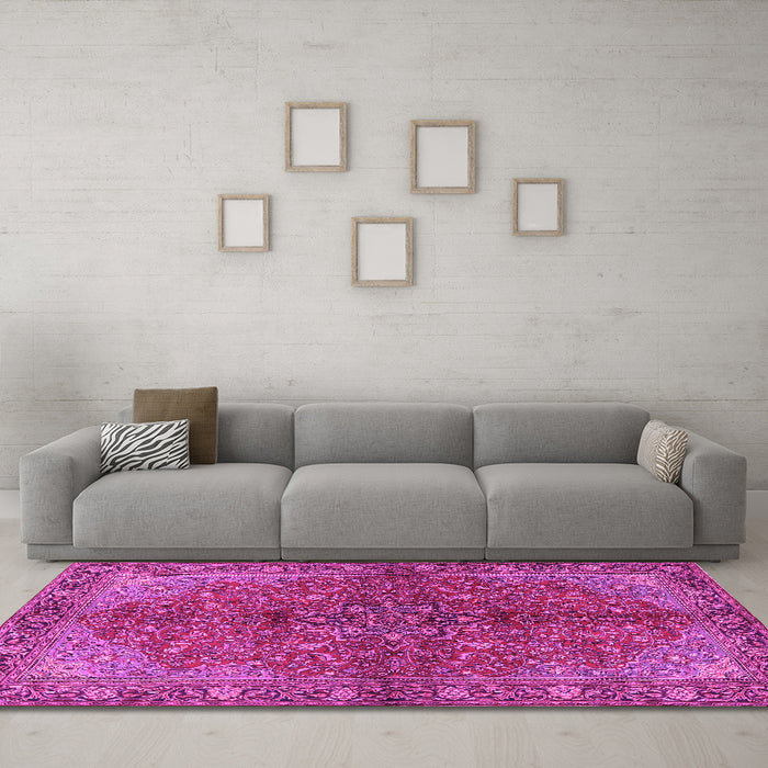 Machine Washable Persian Pink Traditional Rug in a Living Room, wshtr2182pnk