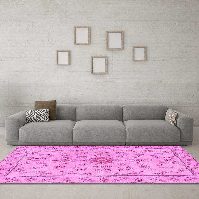 Machine Washable Persian Pink Traditional Rug in a Living Room, wshtr2183pnk