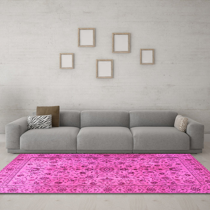 Machine Washable Persian Pink Traditional Rug in a Living Room, wshtr2184pnk