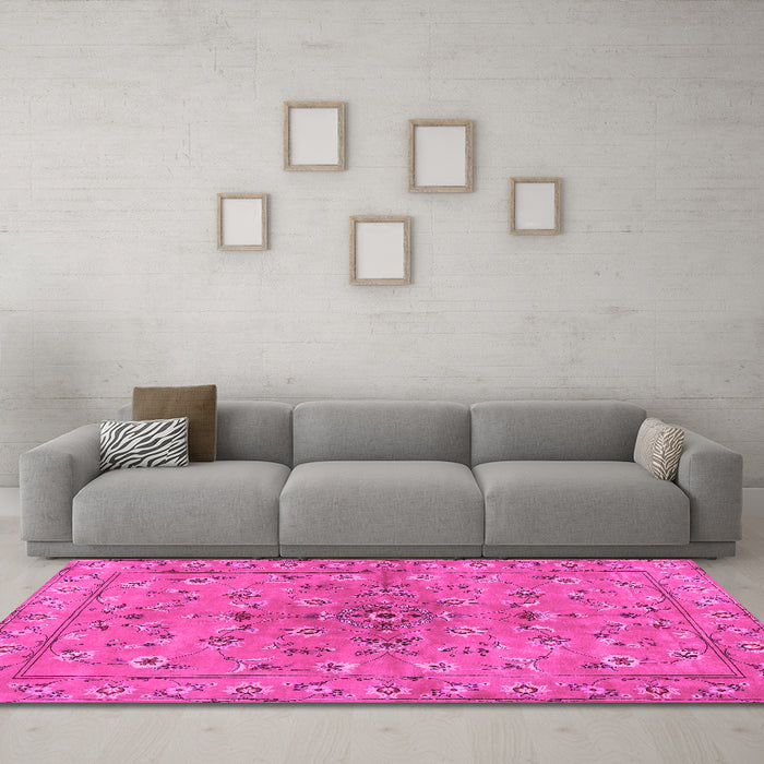 Machine Washable Persian Pink Traditional Rug in a Living Room, wshtr2188pnk