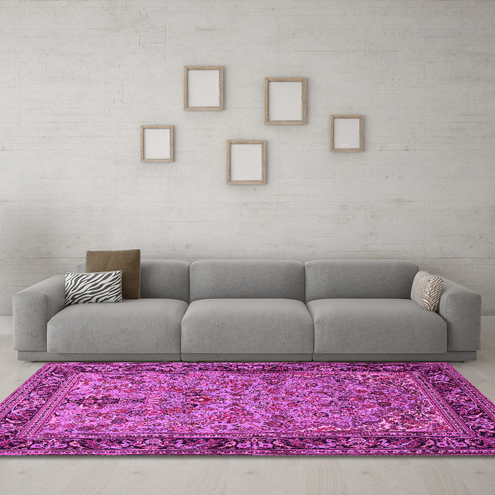 Machine Washable Persian Pink Traditional Rug in a Living Room, wshtr2190pnk