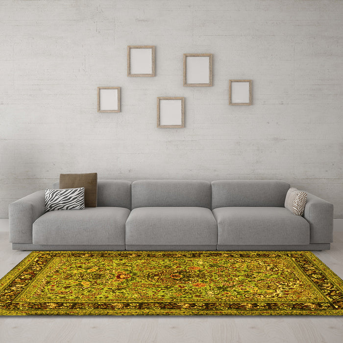 Machine Washable Persian Yellow Traditional Rug in a Living Room, wshtr2191yw