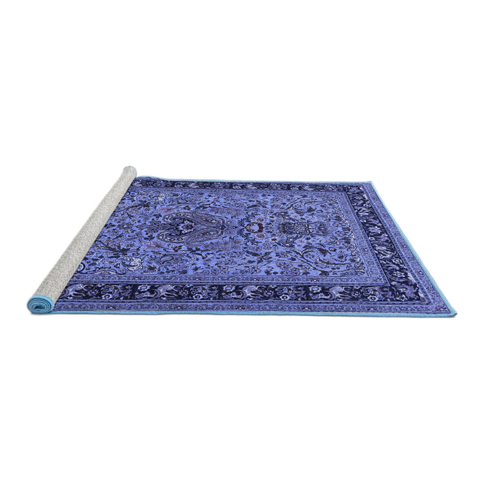 Sideview of Machine Washable Persian Blue Traditional Rug, wshtr2191blu