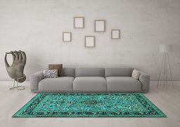 Machine Washable Persian Turquoise Traditional Area Rugs in a Living Room,, wshtr2191turq