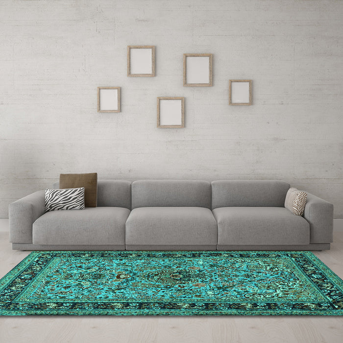 Machine Washable Persian Turquoise Traditional Area Rugs in a Living Room,, wshtr2191turq