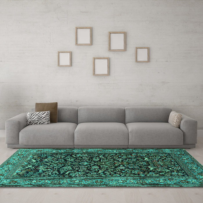 Machine Washable Persian Turquoise Traditional Area Rugs in a Living Room,, wshtr2192turq