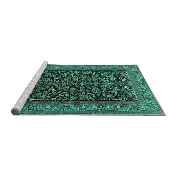 Sideview of Machine Washable Persian Turquoise Traditional Area Rugs, wshtr2192turq