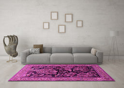 Machine Washable Persian Pink Traditional Rug in a Living Room, wshtr2193pnk