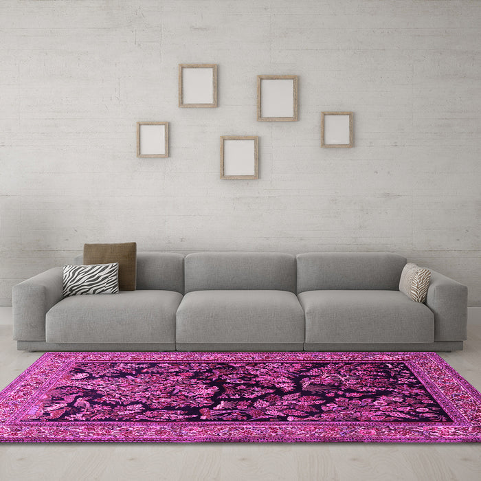 Machine Washable Persian Pink Traditional Rug in a Living Room, wshtr2193pnk