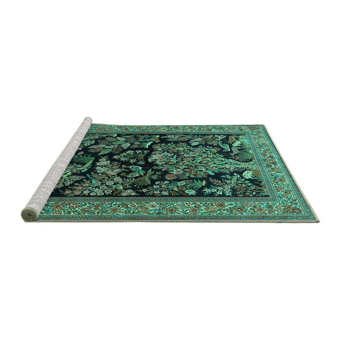 Sideview of Machine Washable Persian Turquoise Traditional Area Rugs, wshtr2193turq
