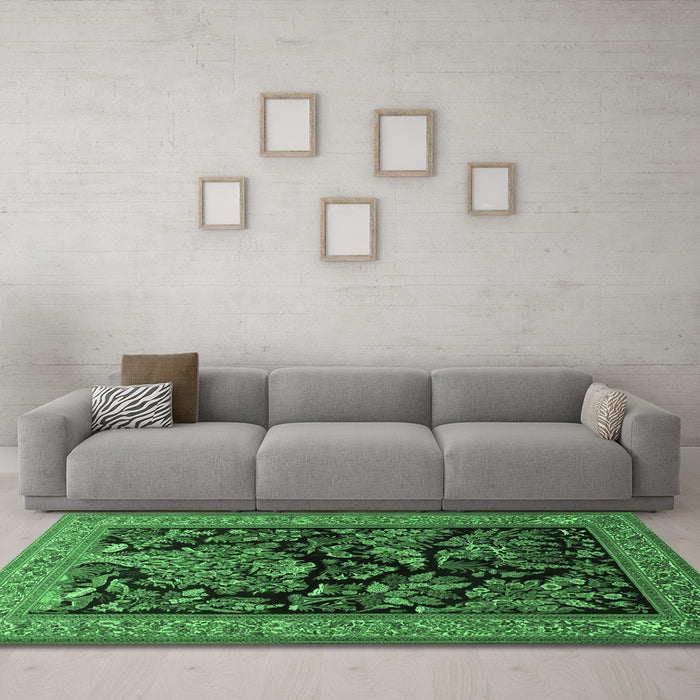 Machine Washable Persian Emerald Green Traditional Area Rugs in a Living Room,, wshtr2193emgrn