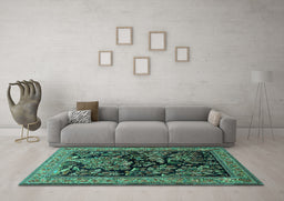 Machine Washable Persian Turquoise Traditional Area Rugs in a Living Room,, wshtr2193turq