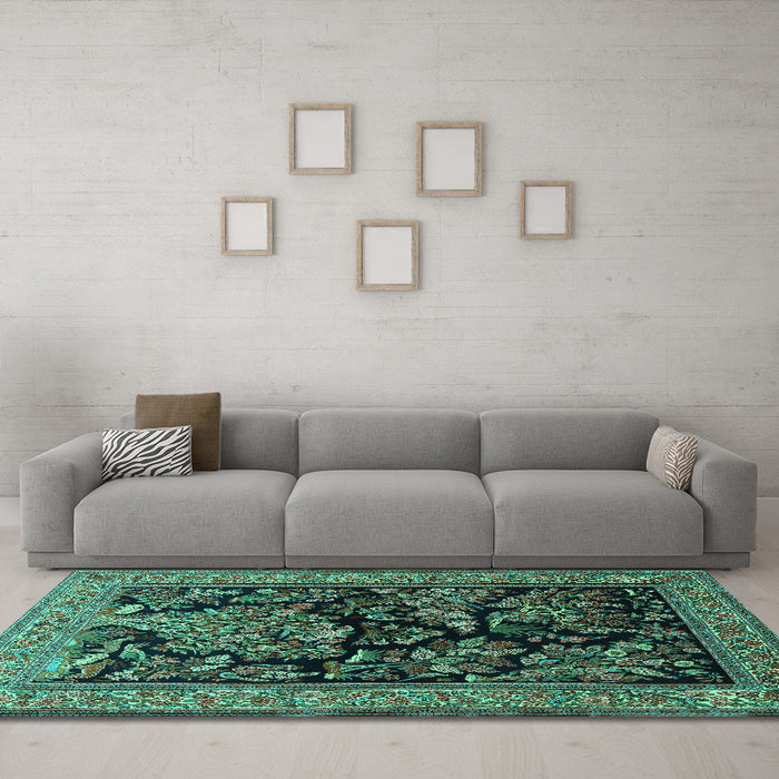 Machine Washable Persian Turquoise Traditional Area Rugs in a Living Room,, wshtr2193turq