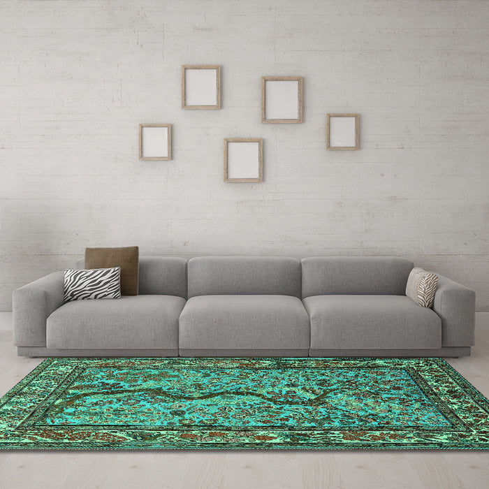 Machine Washable Animal Turquoise Traditional Area Rugs in a Living Room,, wshtr2194turq