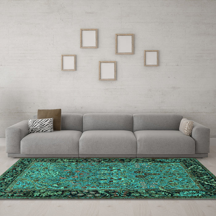 Machine Washable Animal Turquoise Traditional Area Rugs in a Living Room,, wshtr2195turq