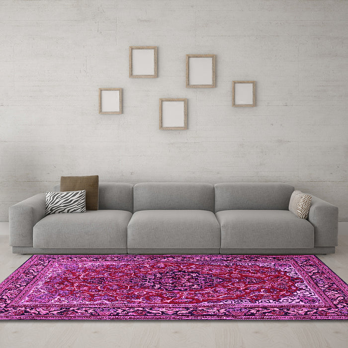Machine Washable Medallion Pink Traditional Rug in a Living Room, wshtr2199pnk