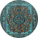 Round Machine Washable Medallion Light Blue Traditional Rug, wshtr2199lblu